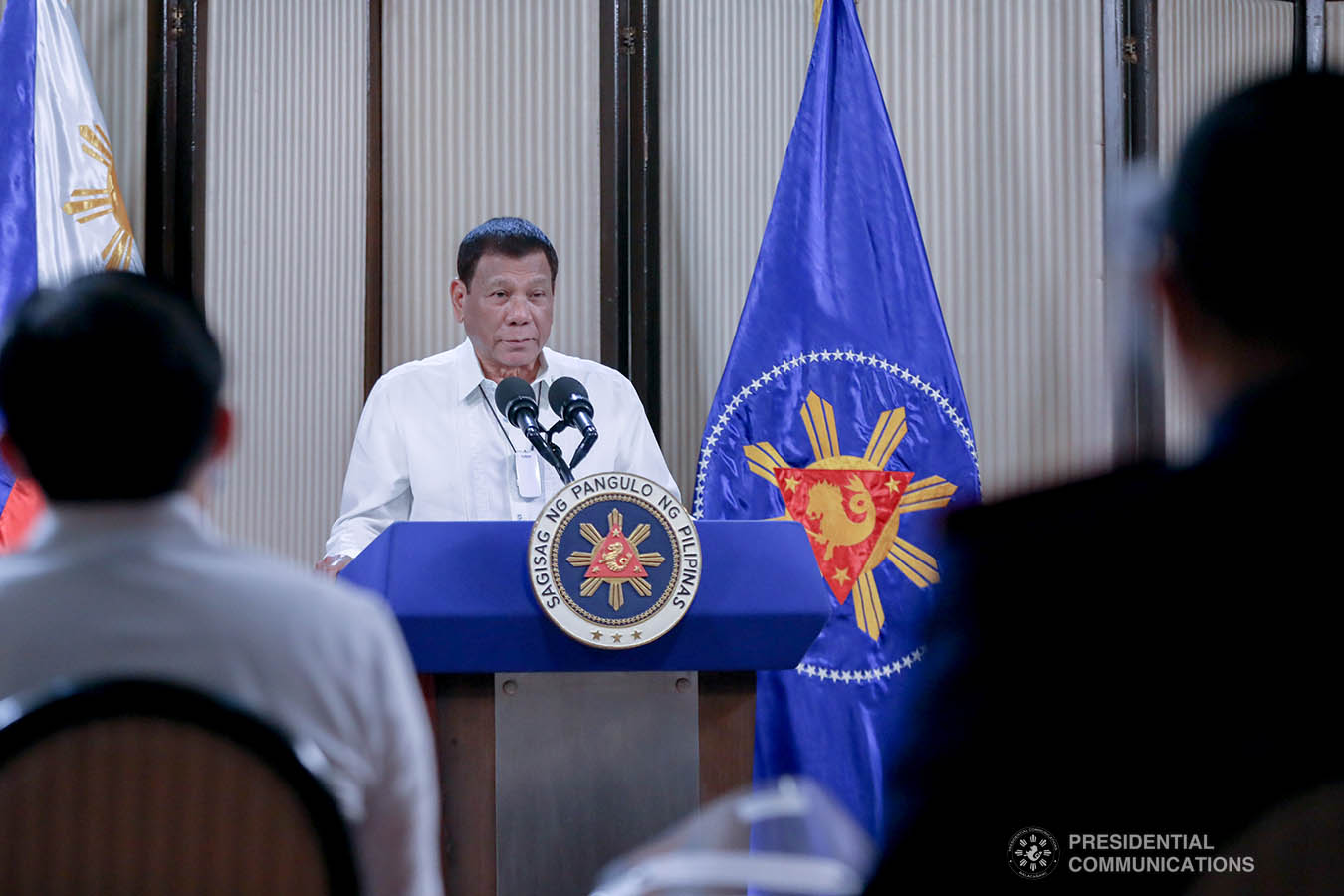 President Rodrigo Roa Duterte delivers his speech during the simultaneous commencement exercises of the Philippine Military Academy "Masidlawin" Class of 2020 and the Philippine National Police Academy "Mandayug" Class of 2020 at the Malago Clubhouse in Malacañang, Manila on May 22, 2020. The commencement exercises were held online while proper social distancing protocols were observed amid the COVID-19 pandemic. ACE MORANDANTE/PRESIDENTIAL PHOTO
