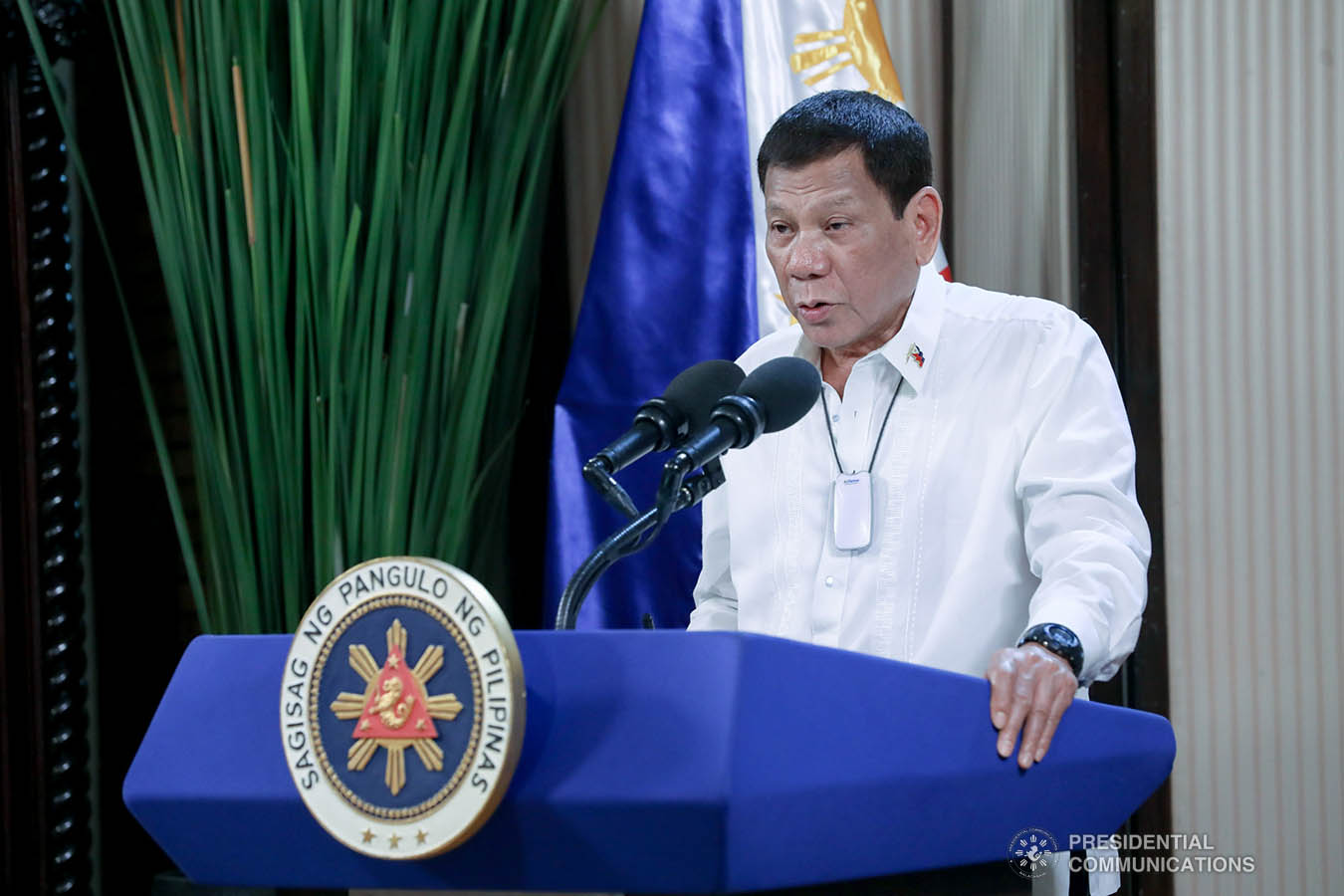 President Rodrigo Roa Duterte delivers his speech during the simultaneous commencement exercises of the Philippine Military Academy "Masidlawin" Class of 2020 and the Philippine National Police Academy "Mandayug" Class of 2020 at the Malago Clubhouse in Malacañang, Manila on May 22, 2020. The commencement exercises were held online while proper social distancing protocols were observed amid the COVID-19 pandemic. TOTO LOZANO/PRESIDENTIAL PHOTO
