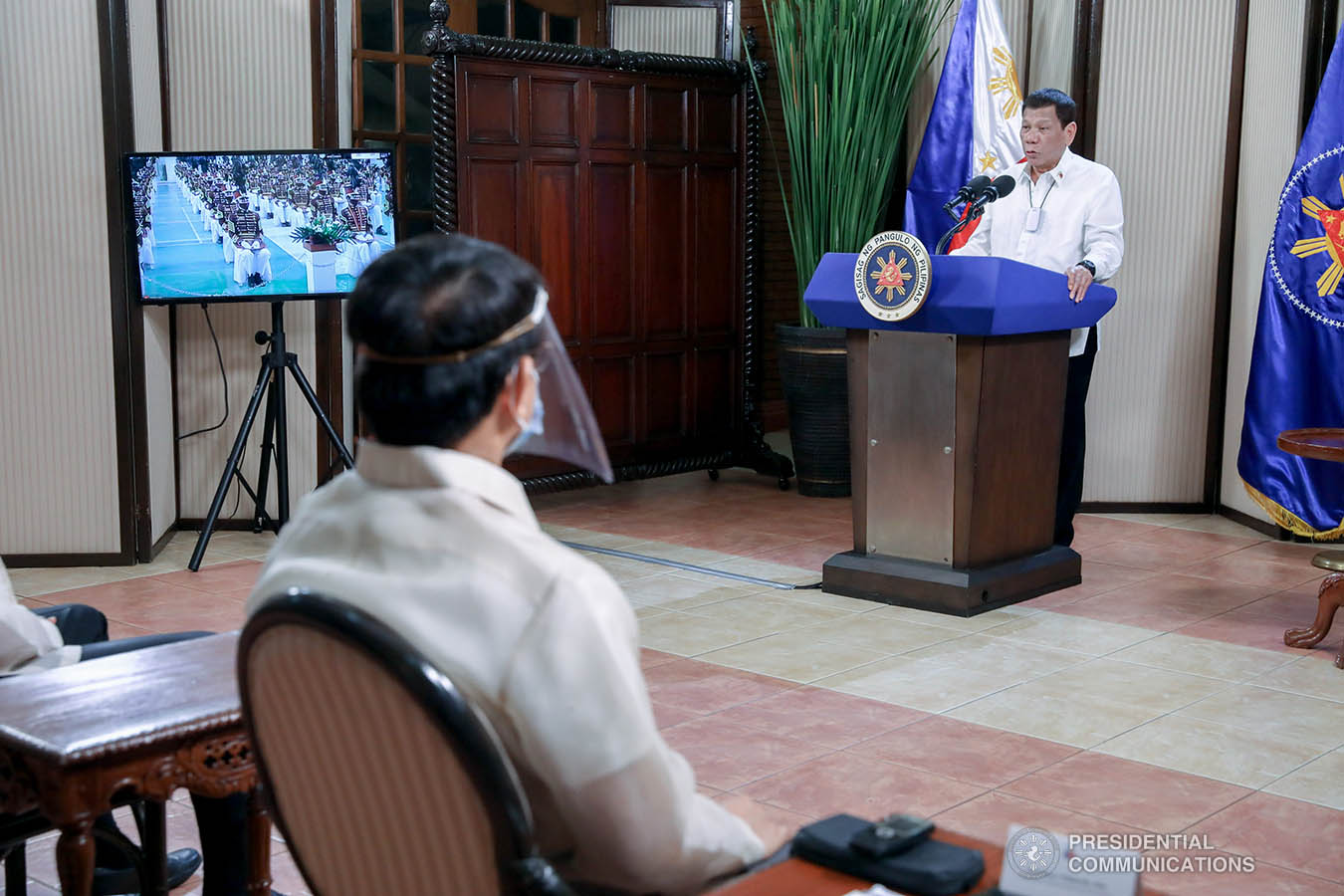 President Rodrigo Roa Duterte delivers his speech during the simultaneous commencement exercises of the Philippine Military Academy "Masidlawin" Class of 2020 and the Philippine National Police Academy "Mandayug" Class of 2020 at the Malago Clubhouse in Malacañang, Manila on May 22, 2020. The commencement exercises were held online while proper social distancing protocols were observed amid the COVID-19 pandemic. TOTO LOZANO/PRESIDENTIAL PHOTO