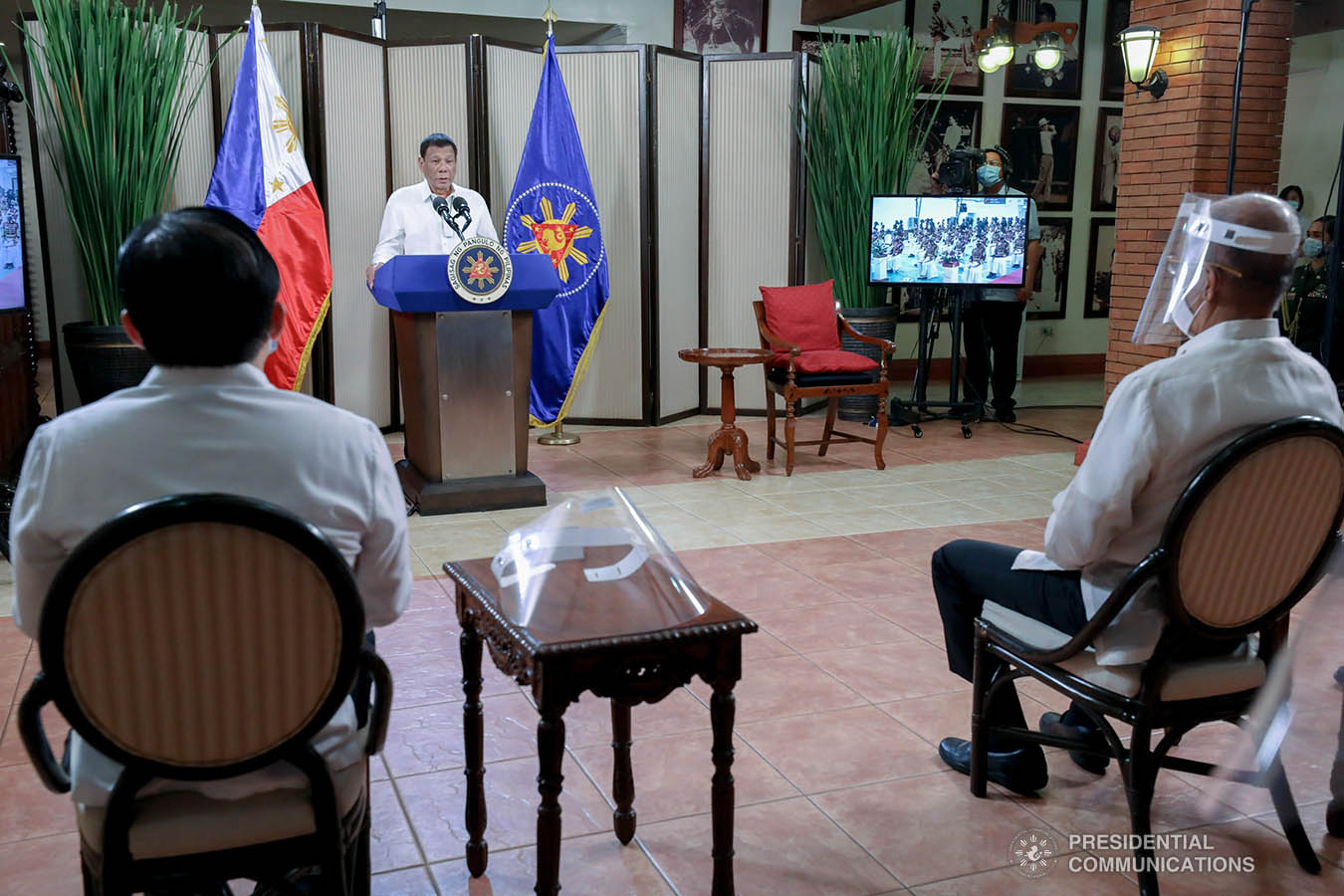 President Rodrigo Roa Duterte delivers his speech during the simultaneous commencement exercises of the Philippine Military Academy "Masidlawin" Class of 2020 and the Philippine National Police Academy "Mandayug" Class of 2020 at the Malago Clubhouse in Malacañang, Manila on May 22, 2020. The commencement exercises were held online while proper social distancing protocols were observed amid the COVID-19 pandemic. TOTO LOZANO/PRESIDENTIAL PHOTO