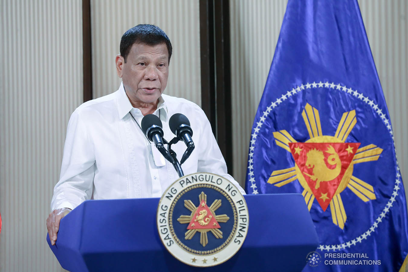 President Rodrigo Roa Duterte delivers his speech during the simultaneous commencement exercises of the Philippine Military Academy "Masidlawin" Class of 2020 and the Philippine National Police Academy "Mandayug" Class of 2020 at the Malago Clubhouse in Malacañang, Manila on May 22, 2020. The commencement exercises were held online while proper social distancing protocols were observed amid the COVID-19 pandemic. TOTO LOZANO/PRESIDENTIAL PHOTO