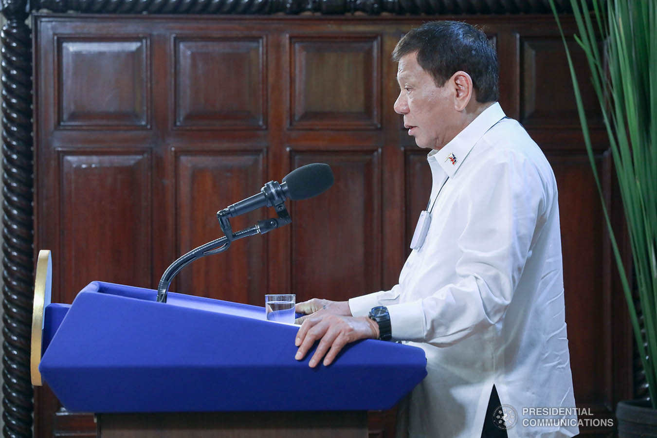 President Rodrigo Roa Duterte delivers his speech during the simultaneous commencement exercises of the Philippine Military Academy "Masidlawin" Class of 2020 and the Philippine National Police Academy "Mandayug" Class of 2020 at the Malago Clubhouse in Malacañang, Manila on May 22, 2020. The commencement exercises were held online while proper social distancing protocols were observed amid the COVID-19 pandemic. TOTO LOZANO/PRESIDENTIAL PHOTO