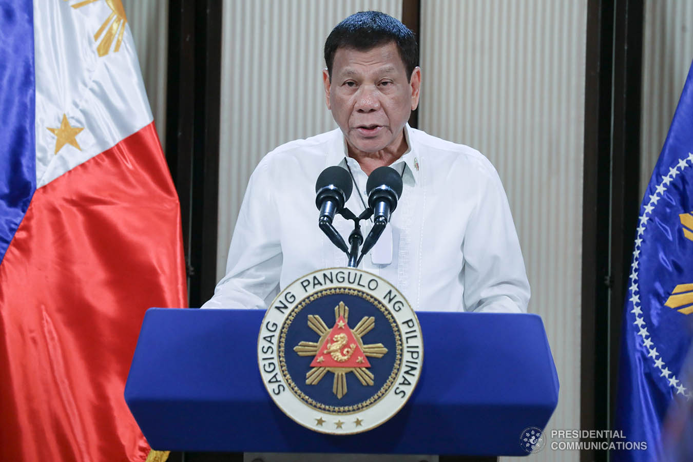 President Rodrigo Roa Duterte delivers his speech during the simultaneous commencement exercises of the Philippine Military Academy "Masidlawin" Class of 2020 and the Philippine National Police Academy "Mandayug" Class of 2020 at the Malago Clubhouse in Malacañang, Manila on May 22, 2020. The commencement exercises were held online while proper social distancing protocols were observed amid the COVID-19 pandemic. TOTO LOZANO/PRESIDENTIAL PHOTO