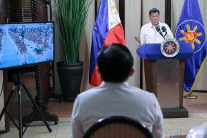 President Rodrigo Roa Duterte delivers his speech during the simultaneous commencement exercises of the Philippine Military Academy "Masidlawin" Class of 2020 and the Philippine National Police Academy "Mandayug" Class of 2020 at the Malago Clubhouse in Malacañang, Manila on May 22, 2020. The commencement exercises were held online while proper social distancing protocols were observed amid the COVID-19 pandemic. TOTO LOZANO/PRESIDENTIAL PHOTO