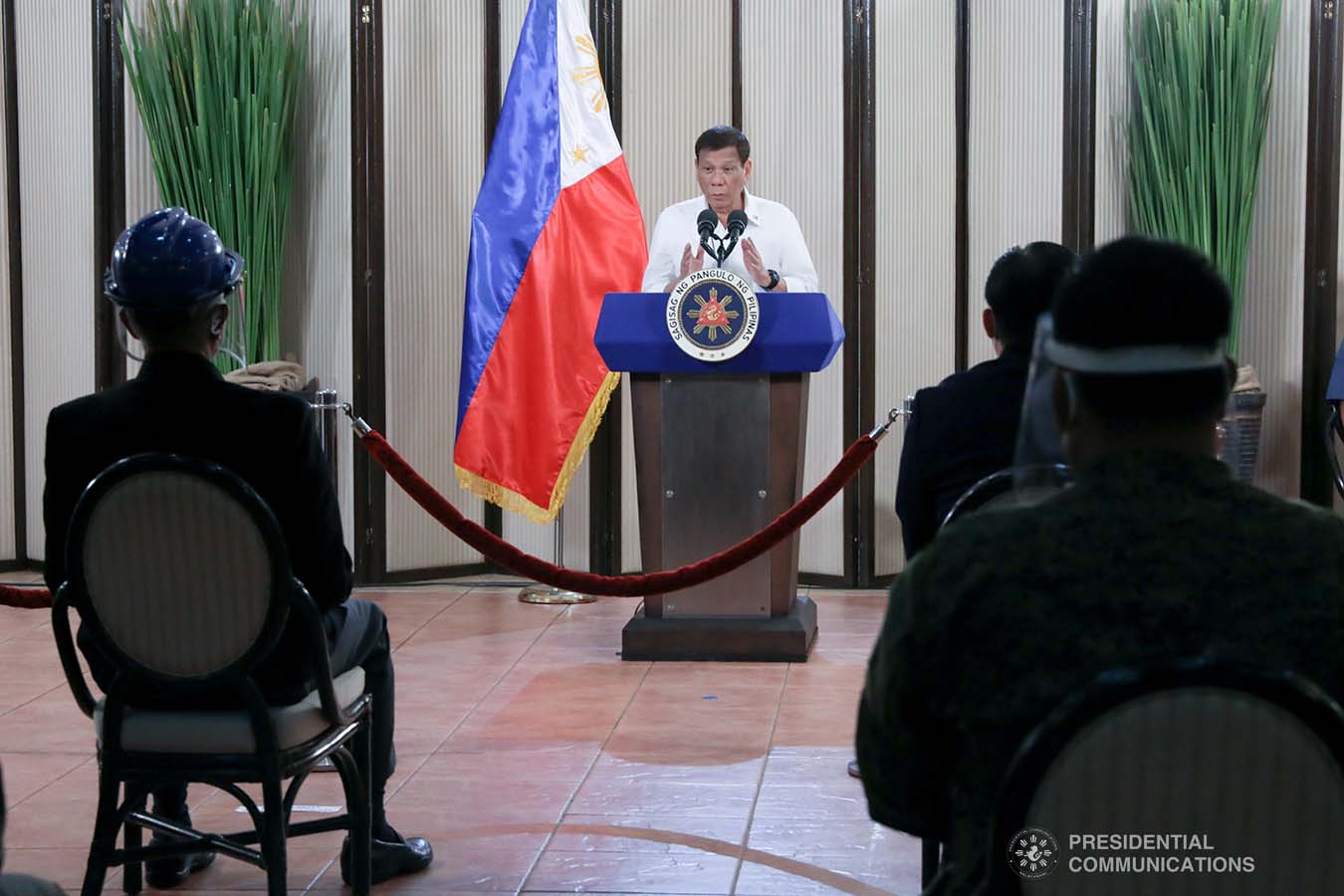 President Rodrigo Roa Duterte congratulates the personnel of the Philippine Army and Philippine Air Force for their successful operations against the New People's Army as he delivers a speech following a meeting at the Malago Clubhouse in Malacañang, Manila on May 26, 2020. TOTO LOZANO/PRESIDENTIAL PHOTO