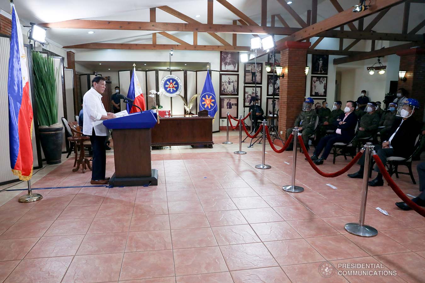 President Rodrigo Roa Duterte congratulates the personnel of the Philippine Army and Philippine Air Force for their successful operations against the New People's Army as he delivers a speech following a meeting at the Malago Clubhouse in Malacañang, Manila on May 26, 2020. TOTO LOZANO/PRESIDENTIAL PHOTO