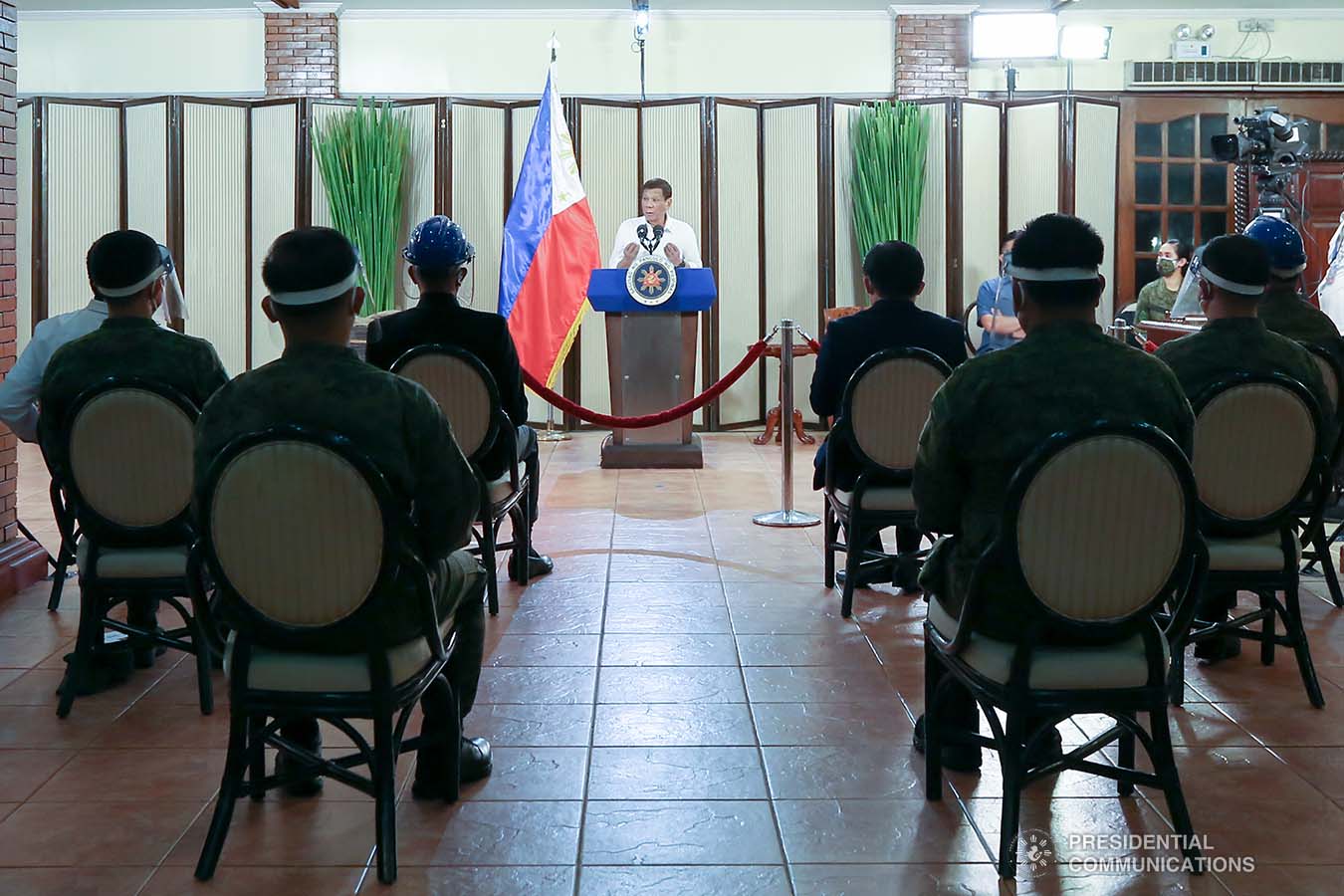 President Rodrigo Roa Duterte congratulates the personnel of the Philippine Army and Philippine Air Force for their successful operations against the New People's Army as he delivers a speech following a meeting at the Malago Clubhouse in Malacañang, Manila on May 26, 2020. KARL NORMAN ALONZO/PRESIDENTIAL PHOTO