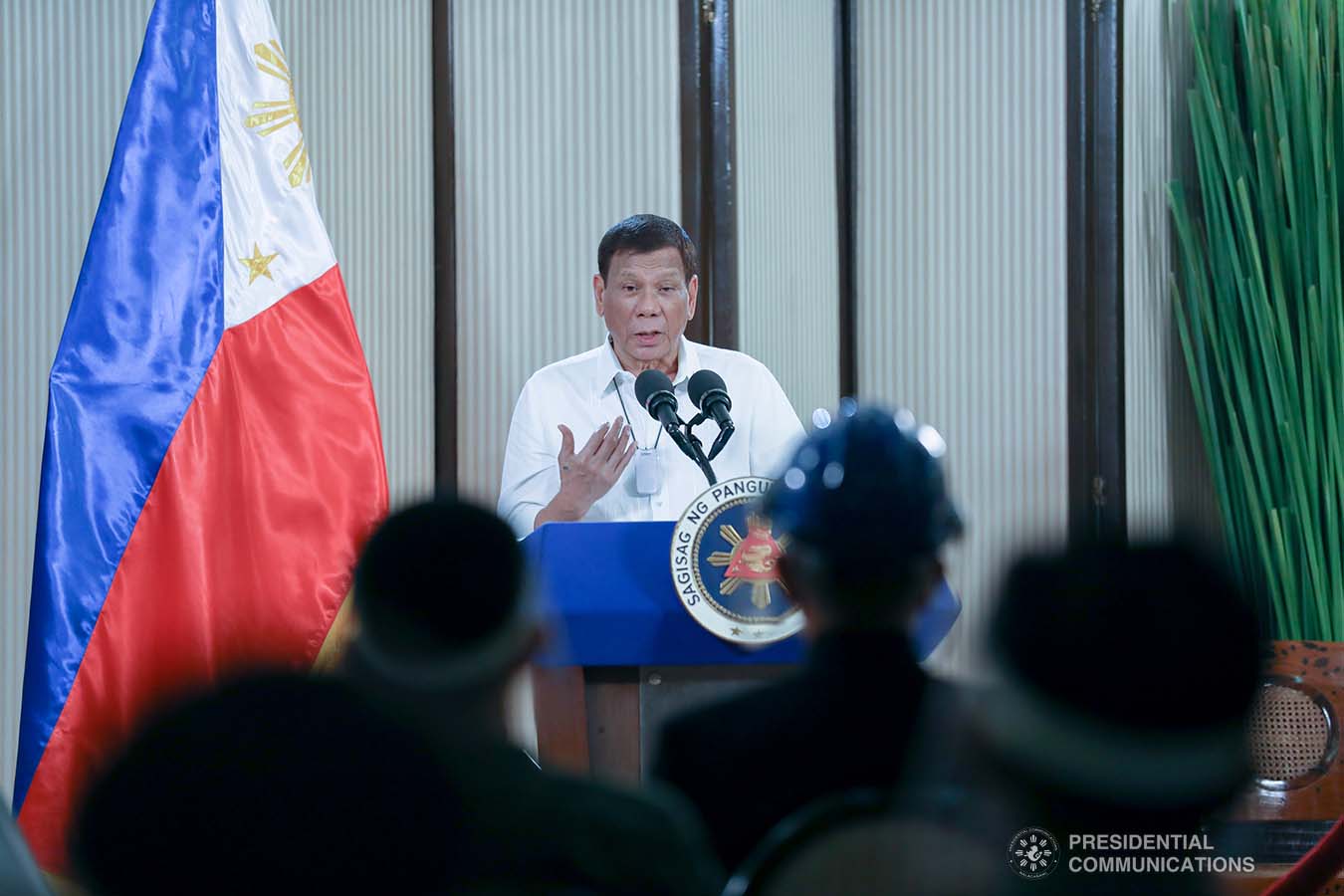 President Rodrigo Roa Duterte congratulates the personnel of the Philippine Army and Philippine Air Force for their successful operations against the New People's Army as he delivers a speech following a meeting at the Malago Clubhouse in Malacañang, Manila on May 26, 2020. KARL NORMAN ALONZO/PRESIDENTIAL PHOTO