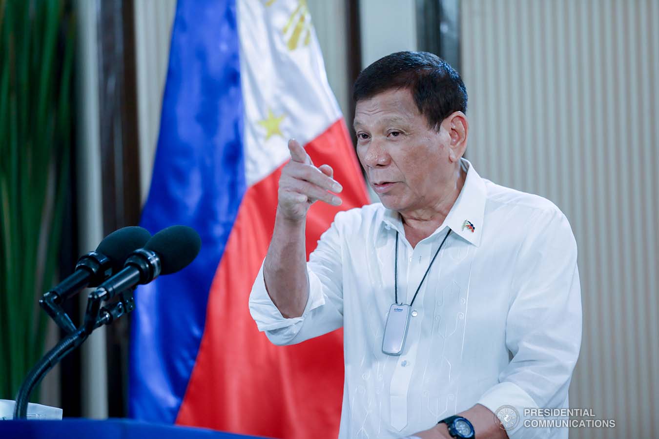 President Rodrigo Roa Duterte congratulates the personnel of the Philippine Army and Philippine Air Force for their successful operations against the New People's Army as he delivers a speech following a meeting at the Malago Clubhouse in Malacañang, Manila on May 26, 2020. KARL NORMAN ALONZO/PRESIDENTIAL PHOTO