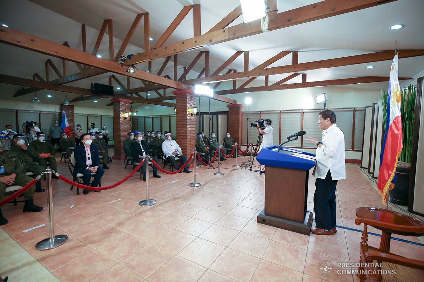 President Rodrigo Roa Duterte congratulates the personnel of the Philippine Army and Philippine Air Force for their successful operations against the New People's Army as he delivers a speech following a meeting at the Malago Clubhouse in Malacañang, Manila on May 26, 2020. TOTO LOZANO/PRESIDENTIAL PHOTO