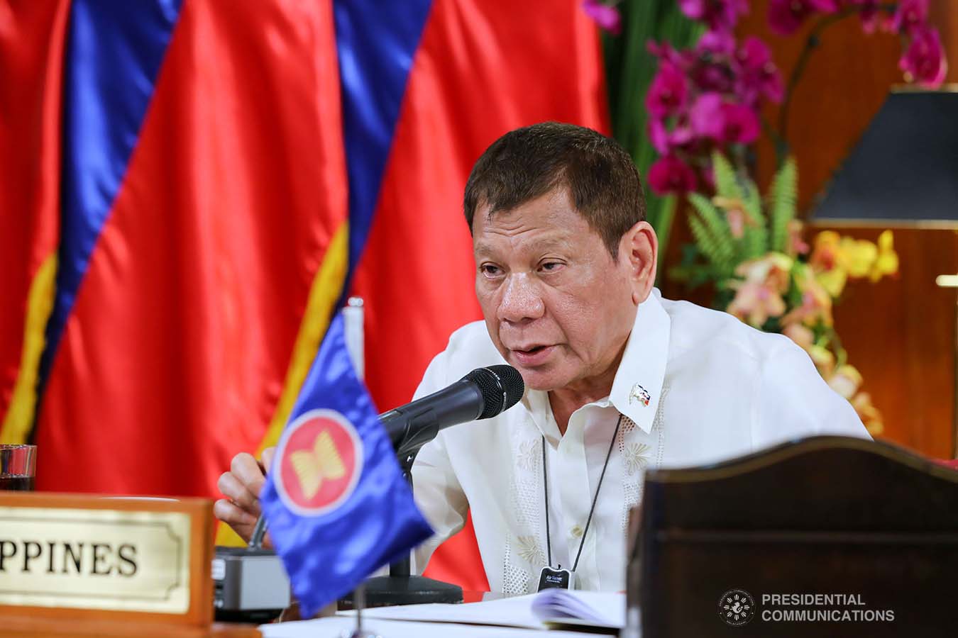 President Rodrigo Roa Duterte gives his intervention as he joins other leaders from the Association of Southeast Asian Nations (ASEAN) member countries during the 36th ASEAN Summit video conference at the Malago Clubhouse in Malacañang on June 26, 2020. ROBINSON NIÑAL JR./PRESIDENTIAL PHOTOS