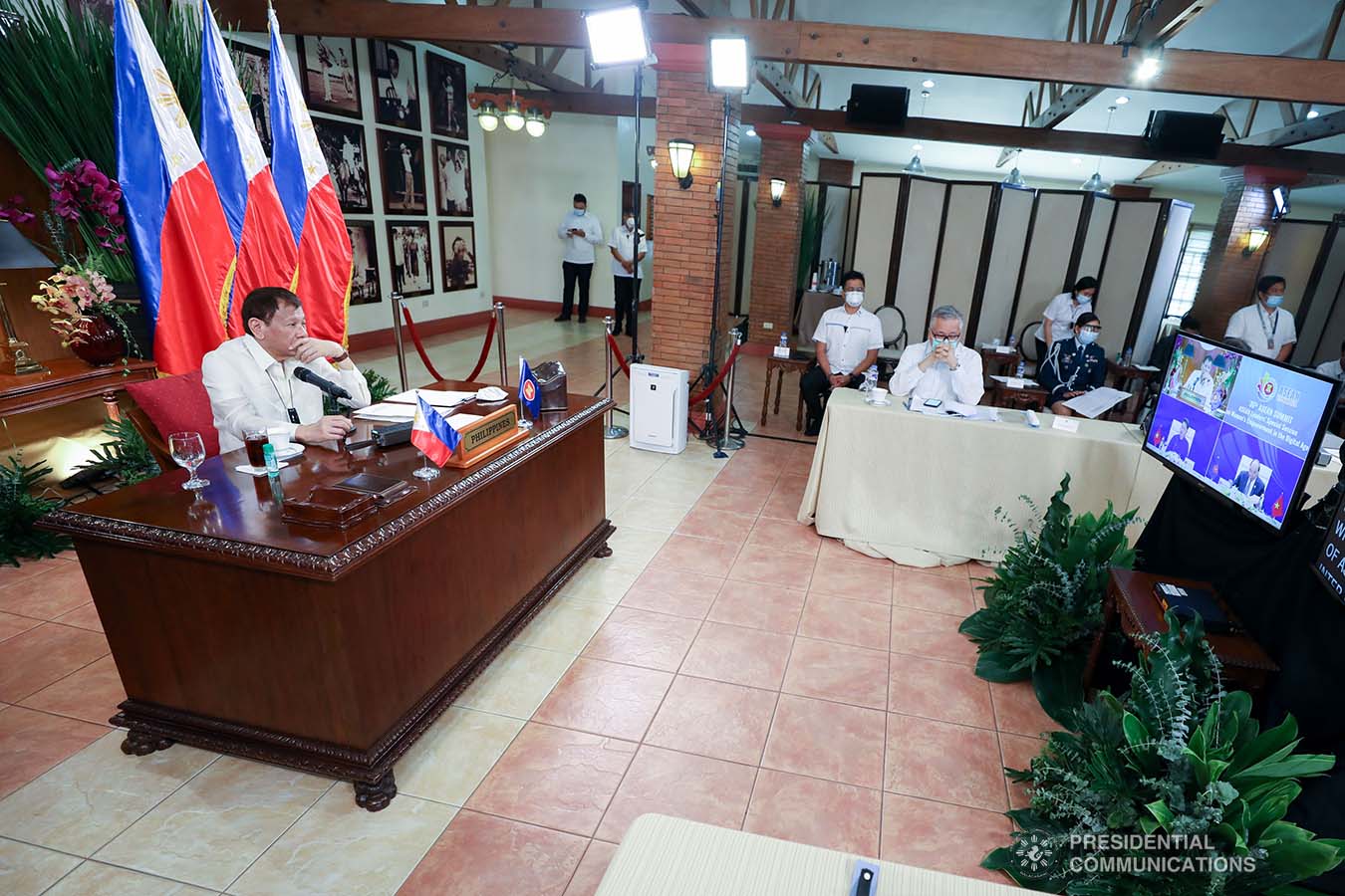 President Rodrigo Roa Duterte joins other leaders from the Association of Southeast Asian Nations (ASEAN) member countries during the 36th ASEAN Summit video conference at the Malago Clubhouse in Malacañang on June 26, 2020. SIMEON CELI JR./PRESIDENTIAL PHOTOS