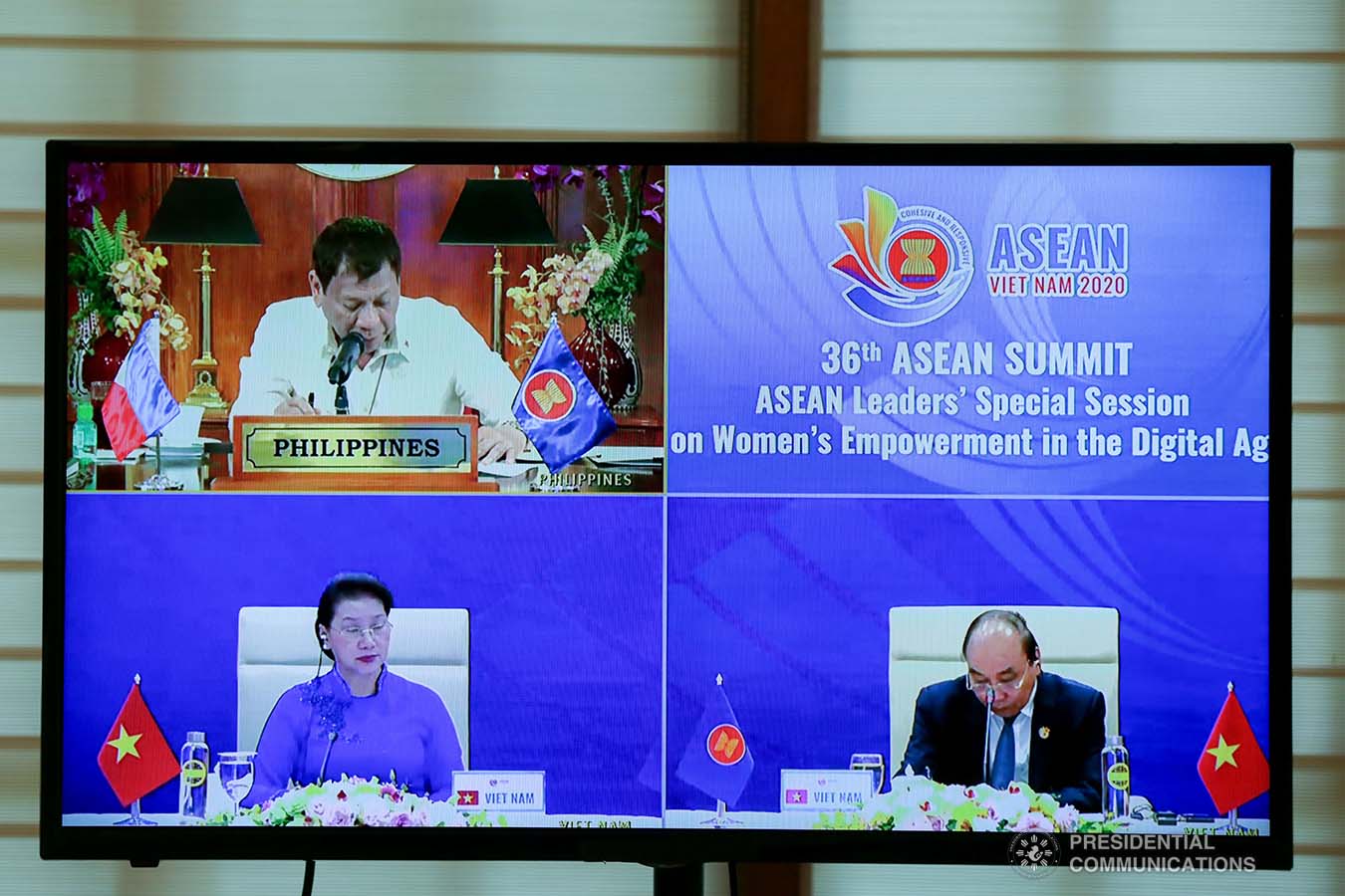 President Rodrigo Roa Duterte gives his intervention as he joins other leaders from the Association of Southeast Asian Nations (ASEAN) member countries during the 36th ASEAN Summit video conference at the Malago Clubhouse in Malacañang on June 26, 2020. SIMEON CELI JR./PRESIDENTIAL PHOTOS