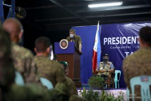 President Rodrigo Roa Duterte talks to the troops during his visit to the Edwin Andrews Air Base in Zamboanga City on July 3, 2020. ROBINSON NIÑAL JR./PRESIDENTIAL PHOTO