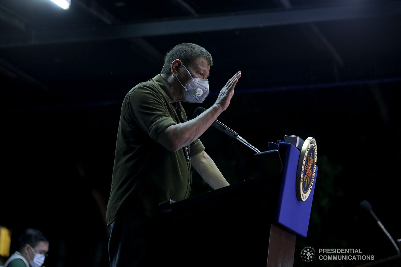 President Rodrigo Roa Duterte talks to the troops during his visit to the Edwin Andrews Air Base in Zamboanga City on July 3, 2020. ROBINSON NIÑAL JR./PRESIDENTIAL PHOTO