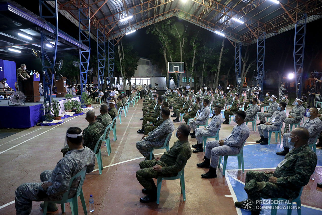 President Rodrigo Roa Duterte talks to the troops during his visit to the Edwin Andrews Air Base in Zamboanga City on July 3, 2020. ROBINSON NIÑAL JR./PRESIDENTIAL PHOTO