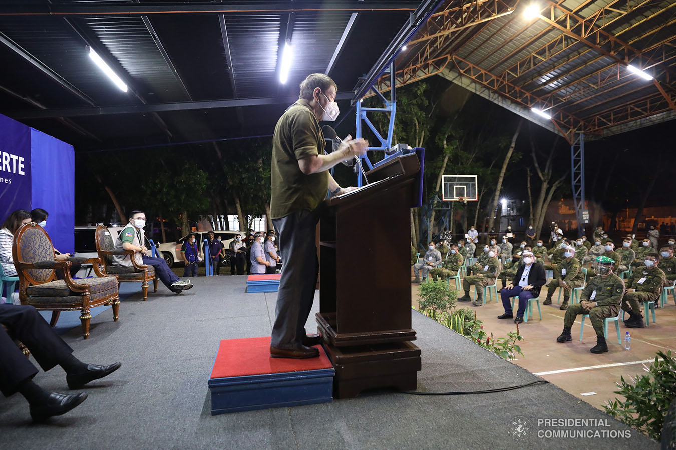 President Rodrigo Roa Duterte talks to the troops during his visit to the Edwin Andrews Air Base in Zamboanga City on July 3, 2020. SIMEON CELI JR. JR./PRESIDENTIAL PHOTO