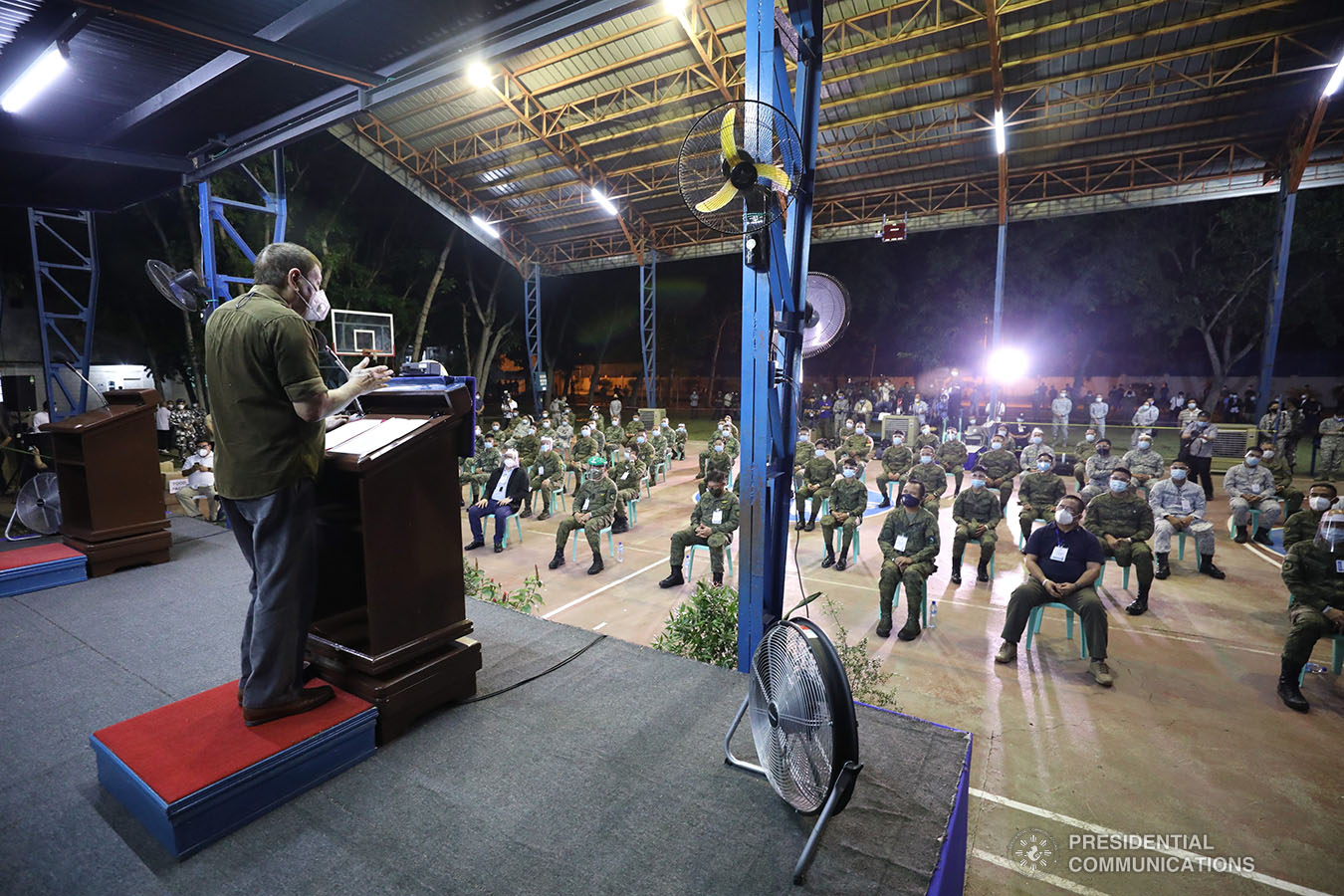 President Rodrigo Roa Duterte talks to the troops during his visit to the Edwin Andrews Air Base in Zamboanga City on July 3, 2020. SIMEON CELI JR. JR./PRESIDENTIAL PHOTO