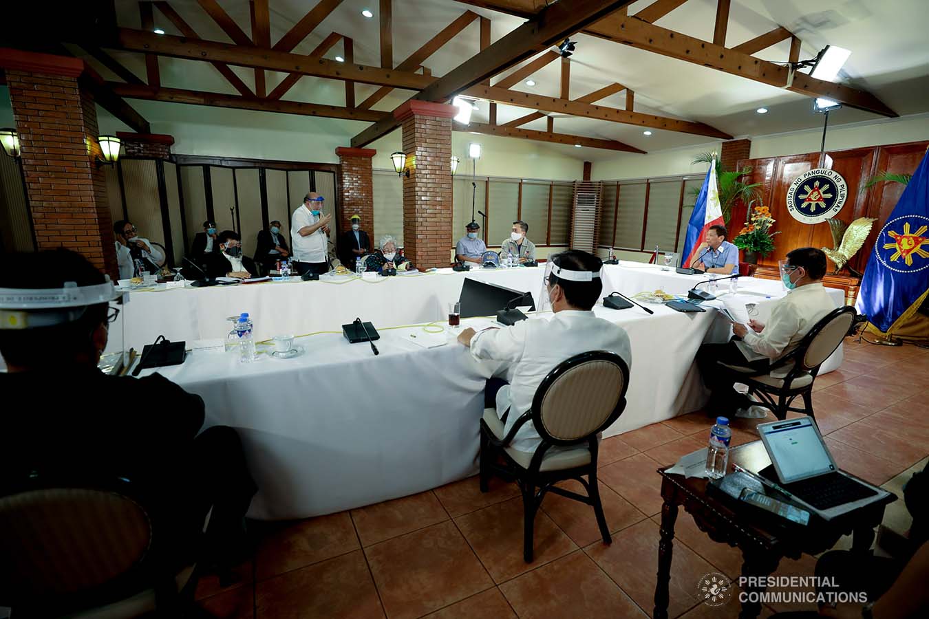 President Rodrigo Roa Duterte talks to the people after holding a meeting with the Inter-Agency Task Force on the Emerging Infectious Diseases (IATF-EID) core members at the Malago Clubhouse in Malacañang on July 15, 2020. SIMEON CELI JR./PRESIDENTIAL PHOTO