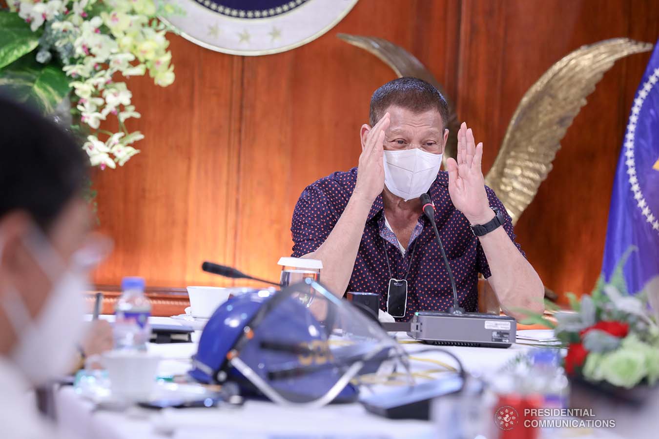 President Rodrigo Roa Duterte talks to the people after holding a meeting with the Inter-Agency Task Force on the Emerging Infectious Diseases (IATF-EID) core members at the Malago Clubhouse in Malacañang on July 21, 2020. ROBINSON NIÑAL JR./PRESIDENTIAL PHOTO