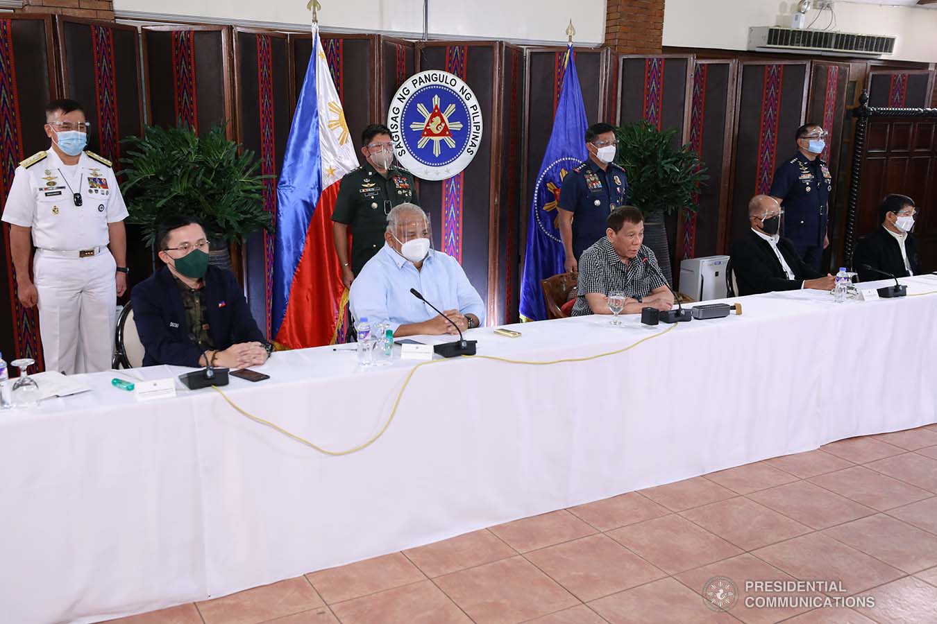 President Rodrigo Roa Duterte delivers his remarks following a meeting with the officials of the Philippine National Police and the Armed Forces of the Philippines, discussing the impasse in Congress as he called on its members to resolve the issues on the passing of the national budget for 2021 at the Malacañang Golf (Malago) Clubhouse in Malacañang Park, Manila on October 8, 2020. Joining the meeting are Executive Secretary Salvador Medialdea, Interior and Local Government Secretary Eduardo Año, and Senator Christopher "Bong" Go. SIMEON CELI/ PRESIDENTIAL PHOTO