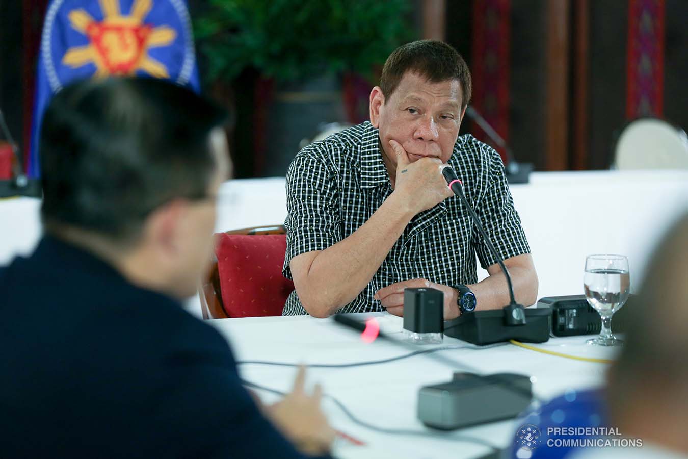 President Rodrigo Roa Duterte delivers his remarks following a meeting with the officials of the Philippine National Police and the Armed Forces of the Philippines, discussing the impasse in Congress as he called on its members to resolve the issues on the passing of the national budget for 2021 at the Malacañang Golf (Malago) Clubhouse in Malacañang Park, Manila on October 8, 2020. Joining the meeting are Executive Secretary Salvador Medialdea, Interior and Local Government Secretary Eduardo Año, and Senator Christopher "Bong" Go. SIMEON CELI/ PRESIDENTIAL PHOTO