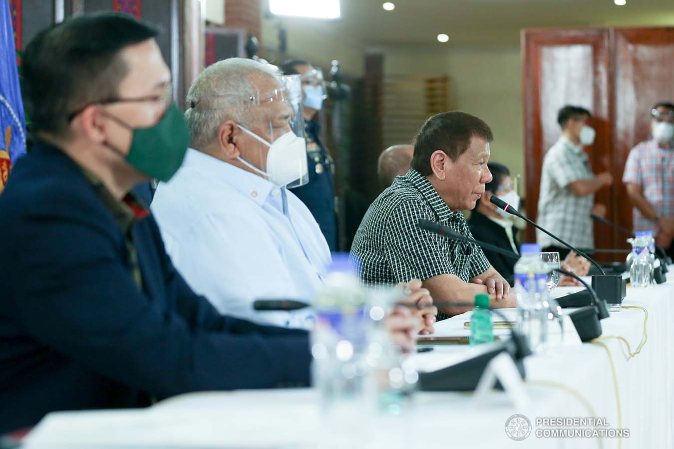 President Rodrigo Roa Duterte delivers his remarks following a meeting with the officials of the Philippine National Police and the Armed Forces of the Philippines, discussing the impasse in Congress as he called on its members to resolve the issues on the passing of the national budget for 2021 at the Malacañang Golf (Malago) Clubhouse in Malacañang Park, Manila on October 8, 2020. Joining the meeting are Executive Secretary Salvador Medialdea, Interior and Local Government Secretary Eduardo Año, and Senator Christopher "Bong" Go. SIMEON CELI/ PRESIDENTIAL PHOTO