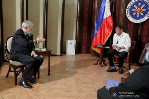President Rodrigo Roa Duterte discusses matters with outgoing Ambassador of the Russian Federation to the Philippines Igor Khovaev who paid a farewell call on the President at the Malacañang Golf (Malago) Clubhouse in Malacañang Park, Manila on October 14, 2020. ROBINSON NIÑAL/ PRESIDENTIAL PHOTO