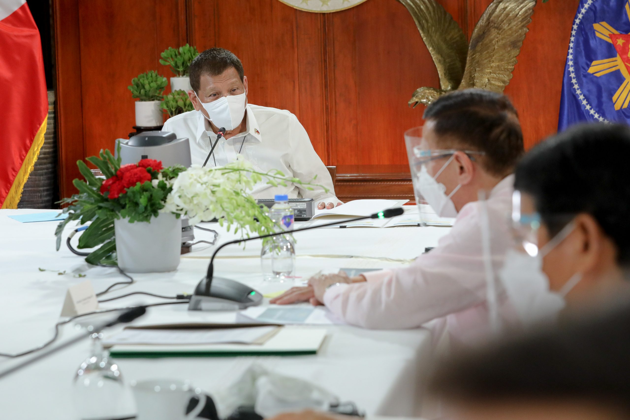 President Rodrigo Roa Duterte presides over a meeting with the Inter-Agency Task Force on the Emerging Infectious Diseases (IATF-EID) core members prior to his talk to the people at the Malacañang Golf (Malago) Clubhouse in Malacañang Park, Manila on October 14, 2020. ROBINSON NIÑAL/ PRESIDENTIAL PHOTO