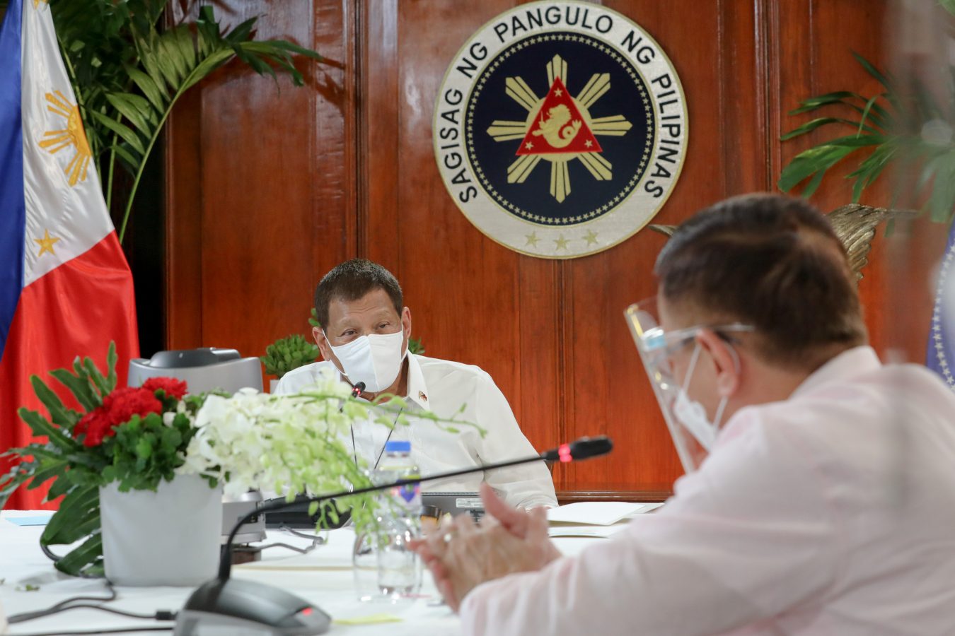 President Rodrigo Roa Duterte presides over a meeting with the Inter-Agency Task Force on the Emerging Infectious Diseases (IATF-EID) core members prior to his talk to the people at the Malacañang Golf (Malago) Clubhouse in Malacañang Park, Manila on October 14, 2020. ROBINSON NIÑAL/ PRESIDENTIAL PHOTO