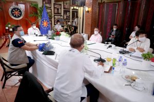 President Rodrigo Roa Duterte presides over a meeting with the Inter-Agency Task Force on the Emerging Infectious Diseases (IATF-EID) core members prior to his talk to the people at the Malacañang Golf (Malago) Clubhouse in Malacañang Park, Manila on October 14, 2020. RICHARD MADELO/ PRESIDENTIAL PHOTO