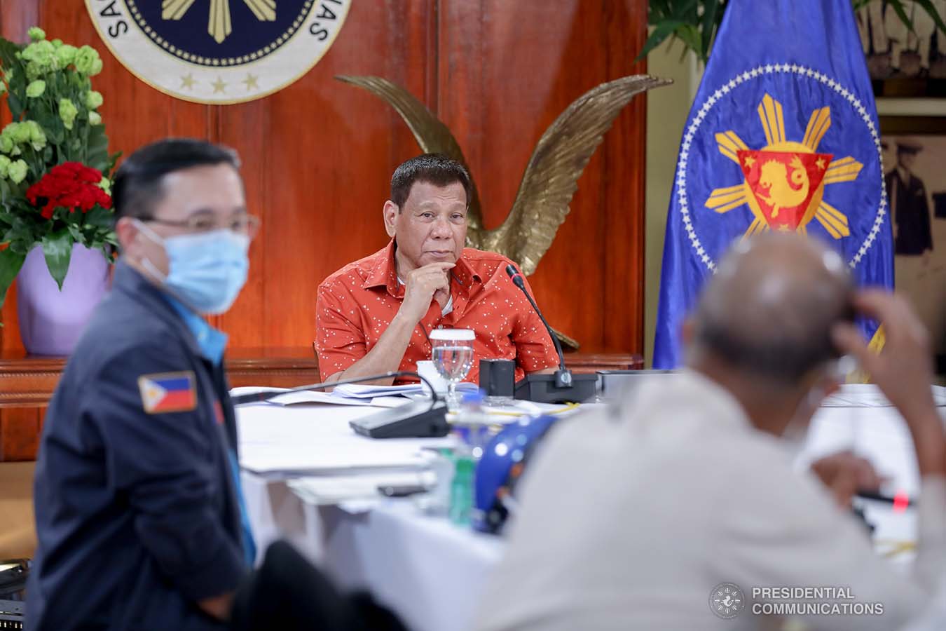 President Rodrigo Roa Duterte presides over a meeting with the Inter-Agency Task Force on the Emerging Infectious Diseases (IATF-EID) core members prior to his talk to the people at the Malacañang Golf (Malago) Clubhouse in Malacañang Park, Manila on October 19, 2020. RICHARD MADELO/PRESIDENTIAL PHOTO