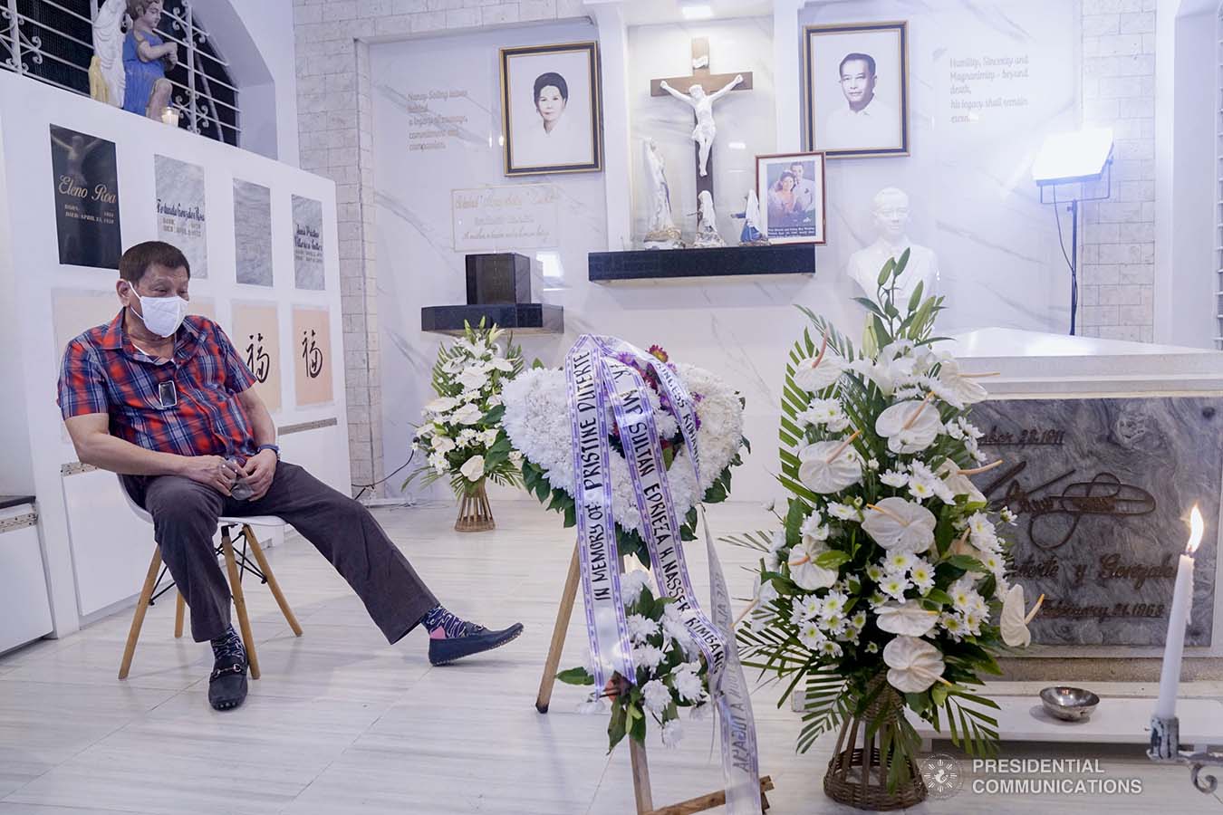 President Rodrigo Roa Duterte visits the resting place of his parents, Vicente Duterte, the former governor of then undivided Davao Province, and Soledad Duterte, one of Davao’s respected civic leaders, at the Roman Catholic Cemetery in Davao City on October 28, 2020. The President, as an annual tradition, visits the family mausoleum during All Saints or All Souls Day even when he was still mayor of Davao City. ARMAN BAYLON/PRESIDENTIAL PHOTO