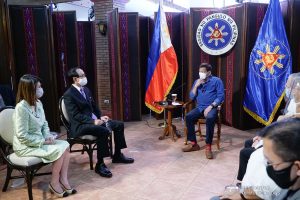President Rodrigo Roa Duterte discusses matters with outgoing Ambassador of Japan to the Philippines Koji Haneda who paid a farewell call on the President at the Malacañang Golf (Malago) Clubhouse in Malacañang Park, Manila on November 10, 2020. KING RODRIGUEZ/ PRESIDENTIAL PHOTO
