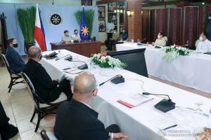 President Rodrigo Roa Duterte presides over a meeting with the Inter-Agency Task Force on the Emerging Infectious Diseases (IATF-EID) core members prior to his talk to the people at the Malacañang Golf (Malago) Clubhouse in Malacañang Park, Manila on February 24, 2021. KARL ALONZO/ PRESIDENTIAL PHOTO