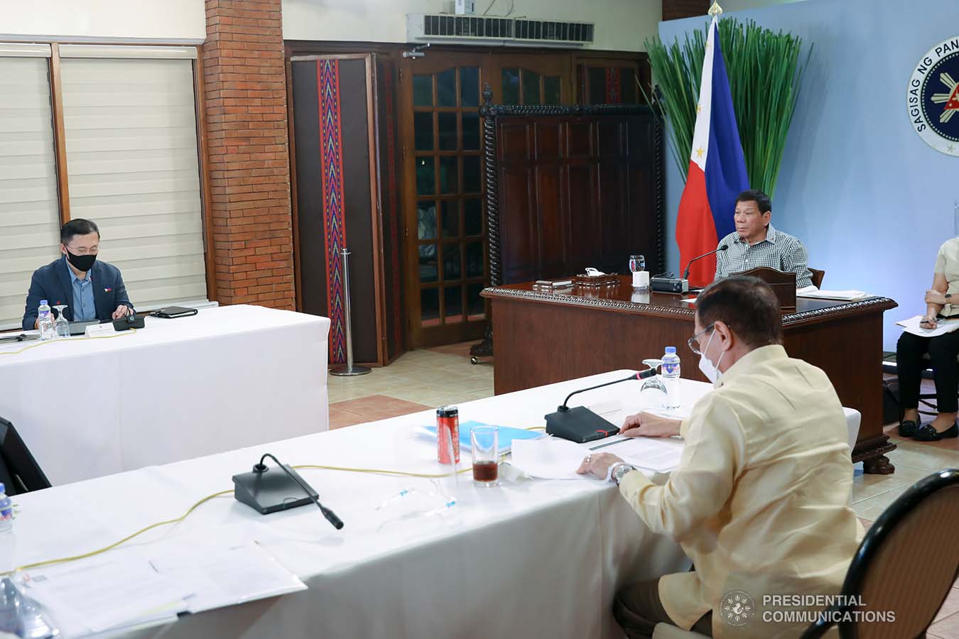 President Rodrigo Roa Duterte presides over a meeting with the Inter-Agency Task Force on the Emerging Infectious Diseases (IATF-EID) core members prior to his talk to the people at the Malacañang Golf (Malago) Clubhouse in Malacañang Park, Manila on February 24, 2021. KARL ALONZO/ PRESIDENTIAL PHOTO