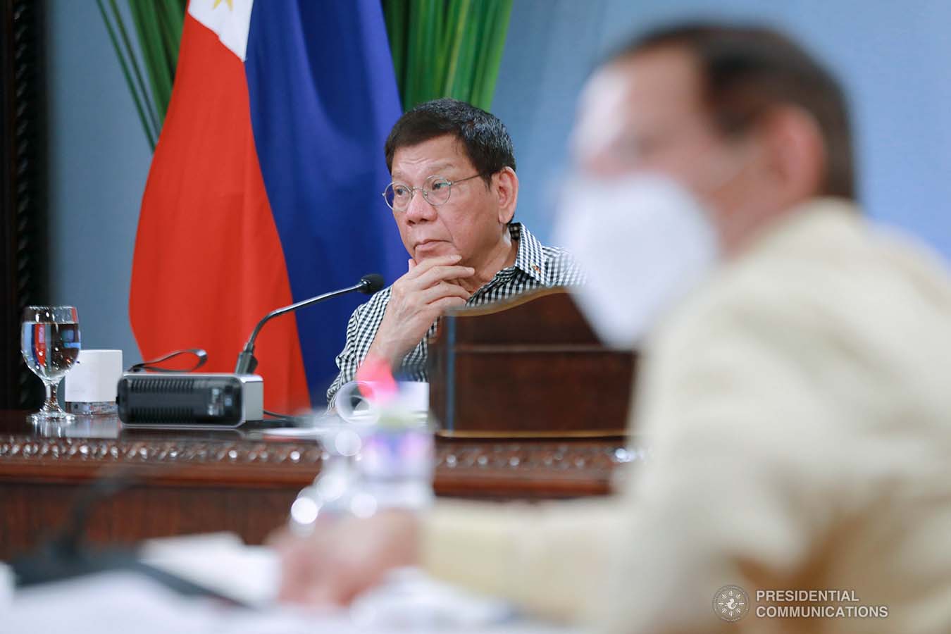 President Rodrigo Roa Duterte presides over a meeting with the Inter-Agency Task Force on the Emerging Infectious Diseases (IATF-EID) core members prior to his talk to the people at the Malacañang Golf (Malago) Clubhouse in Malacañang Park, Manila on February 24, 2021. ACE MORANDANTE/ PRESIDENTIAL PHOTO