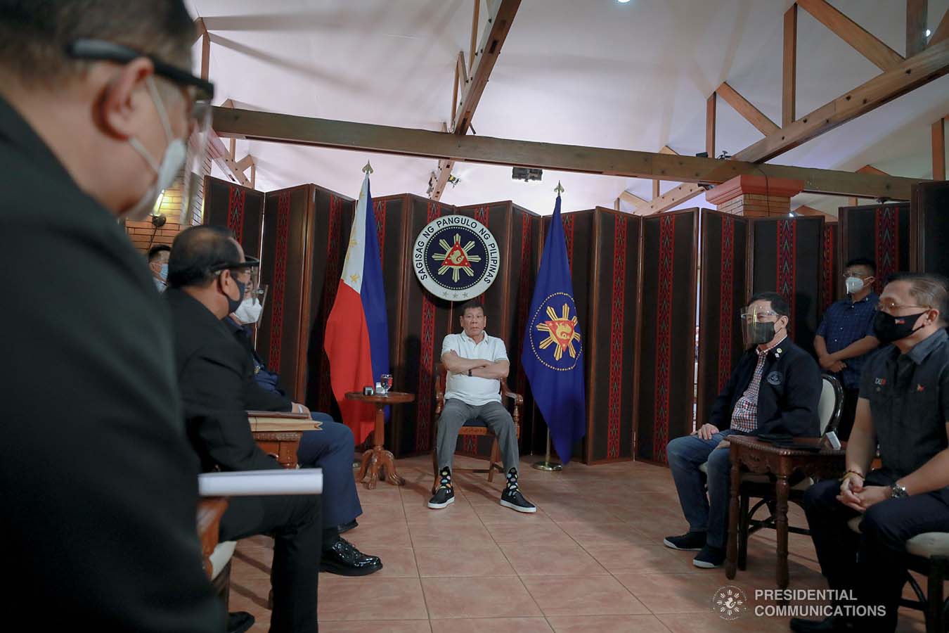 President Rodrigo Roa Duterte meets with Philippine National Police Chief Debold Menorias Sinas and Philippine Drug Enforcement Agency (PDEA) Director General Wilkins Villanueva as he orders both of them to discontinue their ongoing investigation after directing an order to the National Bureau of Investigation (NBI) to conduct a probe on the recent shootout in Commonwealth Avenue, Quezon City. The President aims to ensure impartiality on the said incident. With them during the meeting at the Malacañang Golf (Malago) Clubhouse in Malacañang Park, Manila on February 26, 2021 are Senator Christopher Lawrence Go, Justice Secretary Menardo Guevarra, Presidential Spokesperson Herminio Harry Roque Jr., and NBI Director Antonio Pagatpat. ACE MORANDANTE/ PRESIDENTIAL PHOTO