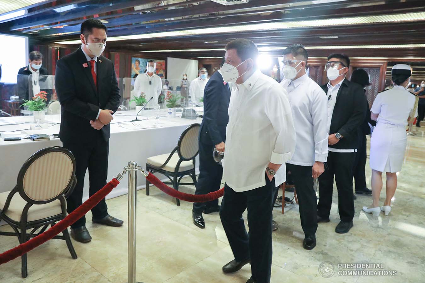 President Rodrigo Roa Duterte is greeted by Presidential Communications Secretary Martin Andanar upon his arrival at the Malacañan Palace to attend the 51st Cabinet Meeting on February 3, 2021. ROBINSON NIÑAL/ PRESIDENTIAL PHOTO