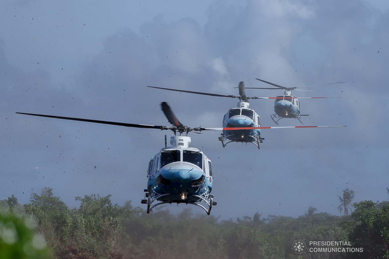 The convoy of helicopters carrying President Rodrigo Roa Duterte arrives at the Veterans Park Calicoan Island in Guiuan, Eastern Samar where the President will attend the 500th Anniversary of the Philippine Part in the First Circumnavigation of the World on March 18, 2021. REY BANIQUET/ PRESIDENTIAL PHOTO