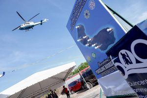 The helicopter carrying President Rodrigo Roa Duterte flies past an area where he will lead the ceremonial switch-on for the electricity of the Homonhon Island in Eastern Samar on March 18, 2021. REY BANIQUET/ PRESIDENTIAL PHOTO