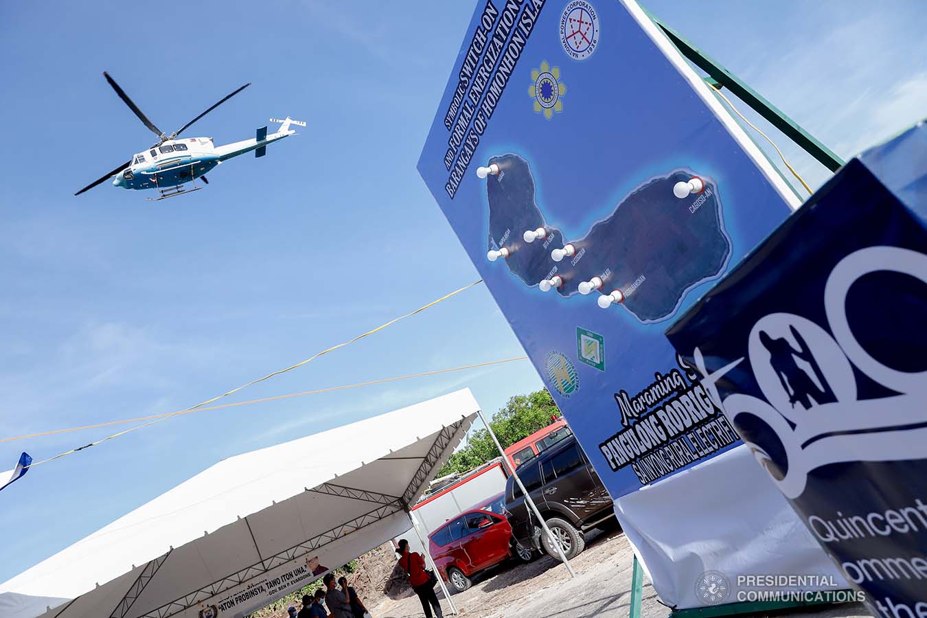 The helicopter carrying President Rodrigo Roa Duterte flies past an area where he will lead the ceremonial switch-on for the electricity of the Homonhon Island in Eastern Samar on March 18, 2021. REY BANIQUET/ PRESIDENTIAL PHOTO