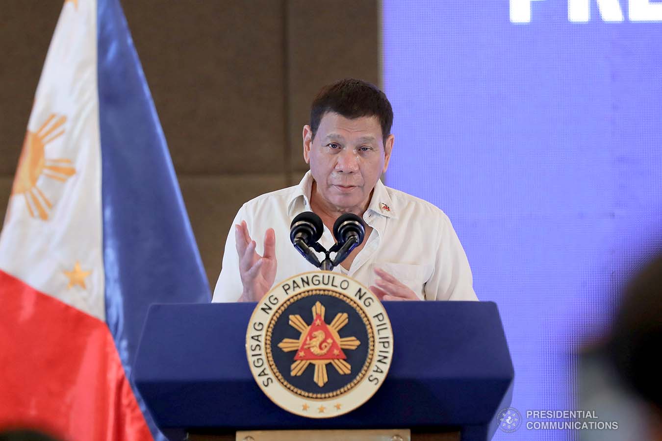 President Rodrigo Roa Duterte delivers his speech during the Joint National Task Force-Regional Task Force to End Local Communist Armed Conflict (NTF-RTF ELCAC) Region 8 meeting at the Summit Hotel in Tacloban City, Leyte on March 18, 2021. ALFRED FRIAS/ PRESIDENTIAL PHOTO