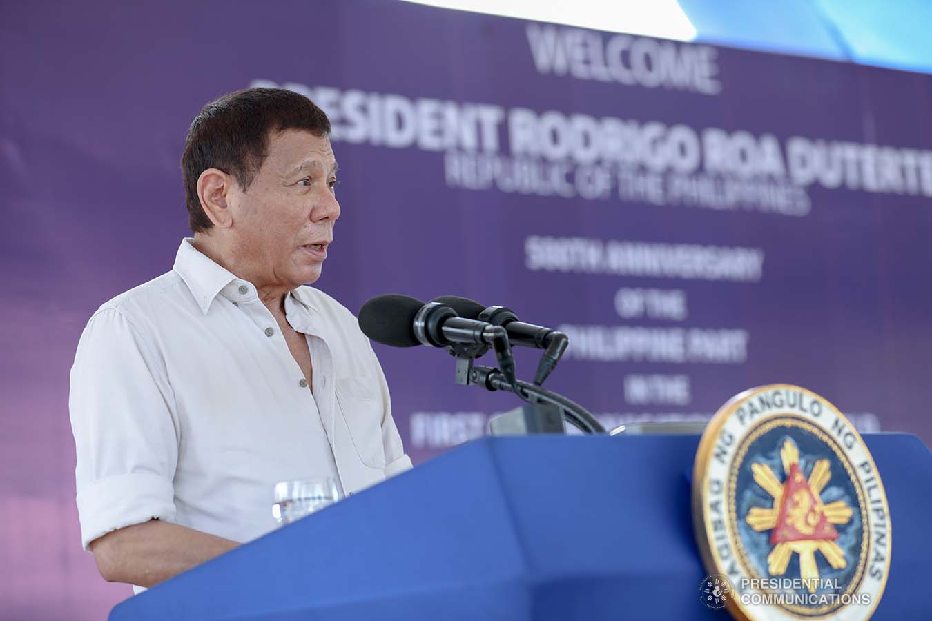 President Rodrigo Roa Duterte delivers his speech during the 500th Anniversary of the Philippine Part in the First Circumnavigation of the World held at the Veterans Park Calicoan Island in Guiuan, Eastern Samar on March 18, 2021. ACE MORANDANTE/ PRESIDENTIAL PHOTO