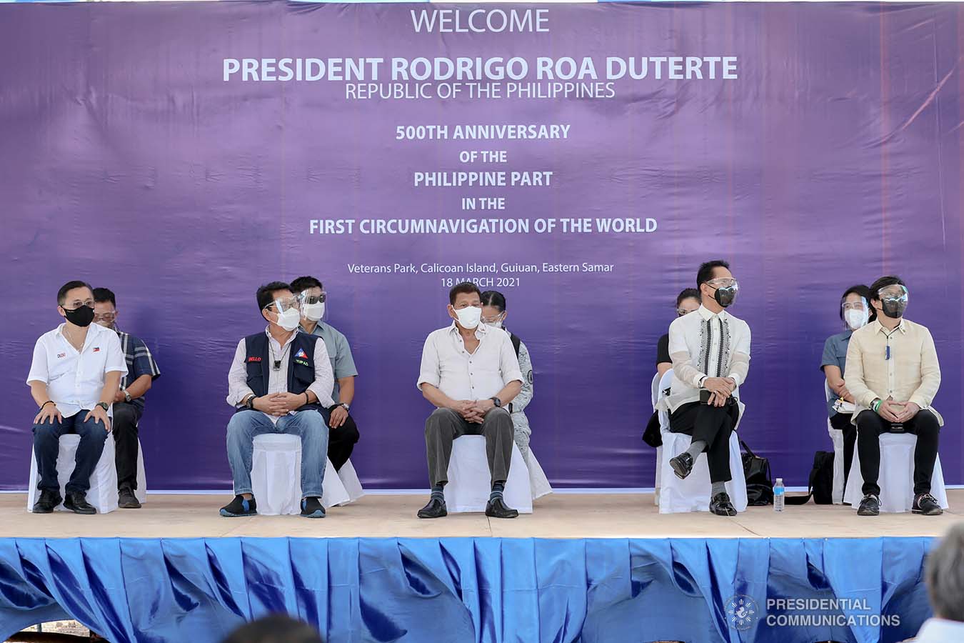 President Rodrigo Roa Duterte attends the 500th Anniversary of the Philippine Part in the First Circumnavigation of the World held at the Veterans Park Calicoan Island in Guiuan, Eastern Samar on March 18, 2021. With him on stage are Senator Christopher Lawrence Go, Labor and Employment Secretary Silvestre Bello III, Chief Presidential Legal Counsel Salvador Panelo, and Presidential Assistant for the Visayas Secretary Michael Lloyd Dino. ACE MORANDANTE/ PRESIDENTIAL PHOTO