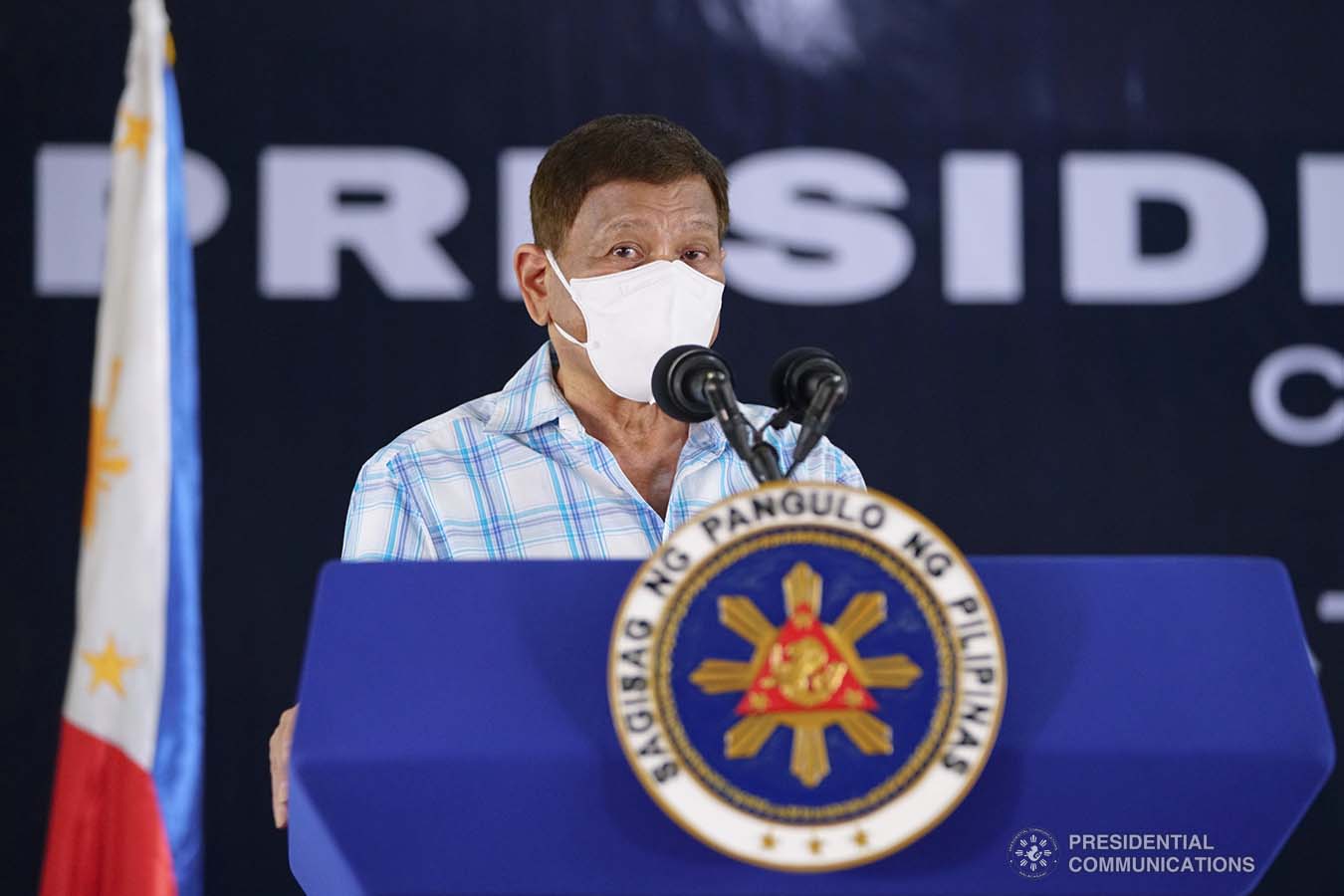 President Rodrigo Roa Duterte delivers his speech during the meeting with Bangsamoro Autonomous Region in Muslim Mindanao (BARMM), local government officials, and area commanders of the Armed Forces of the Philippines and the Philippine National Police at Camp BGen. Gonzalo H. Siongco in Datu Odin Sinsuat, Maguindanao on May 11, 2021. JOEY DALUMPINES/ PRESIDENTIAL PHOTO