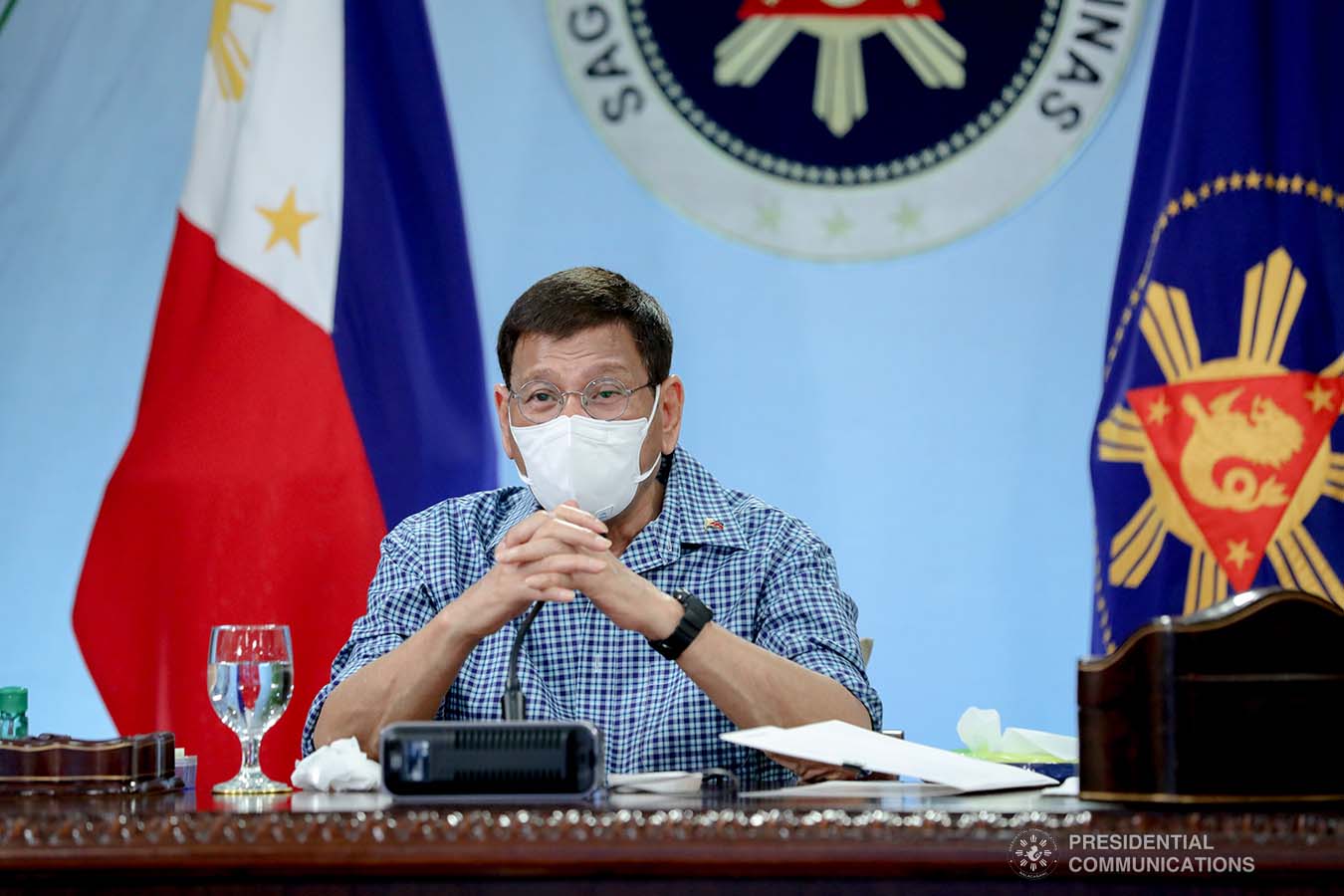 President Rodrigo Roa Duterte talks to the people after holding a meeting with the Inter-Agency Task Force on the Emerging Infectious Diseases (IATF-EID) core members at the Malacañang Golf (Malago) Clubhouse in Malacañang Park, Manila on May 13, 2021. ROBINSON NIÑAL/ PRESIDENTIAL PHOTO