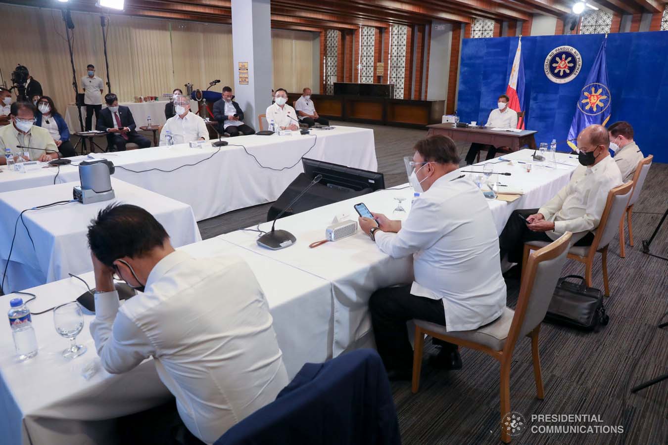 President Rodrigo Roa Duterte presides over a meeting with the Inter-Agency Task Force on the Emerging Infectious Diseases (IATF-EID) core members prior to his talk to the people at the Arcadia Active Lifestyle Center in Matina, Davao City on May 10, 2021. TOTO LOZANO/ PRESIDENTIAL PHOTO