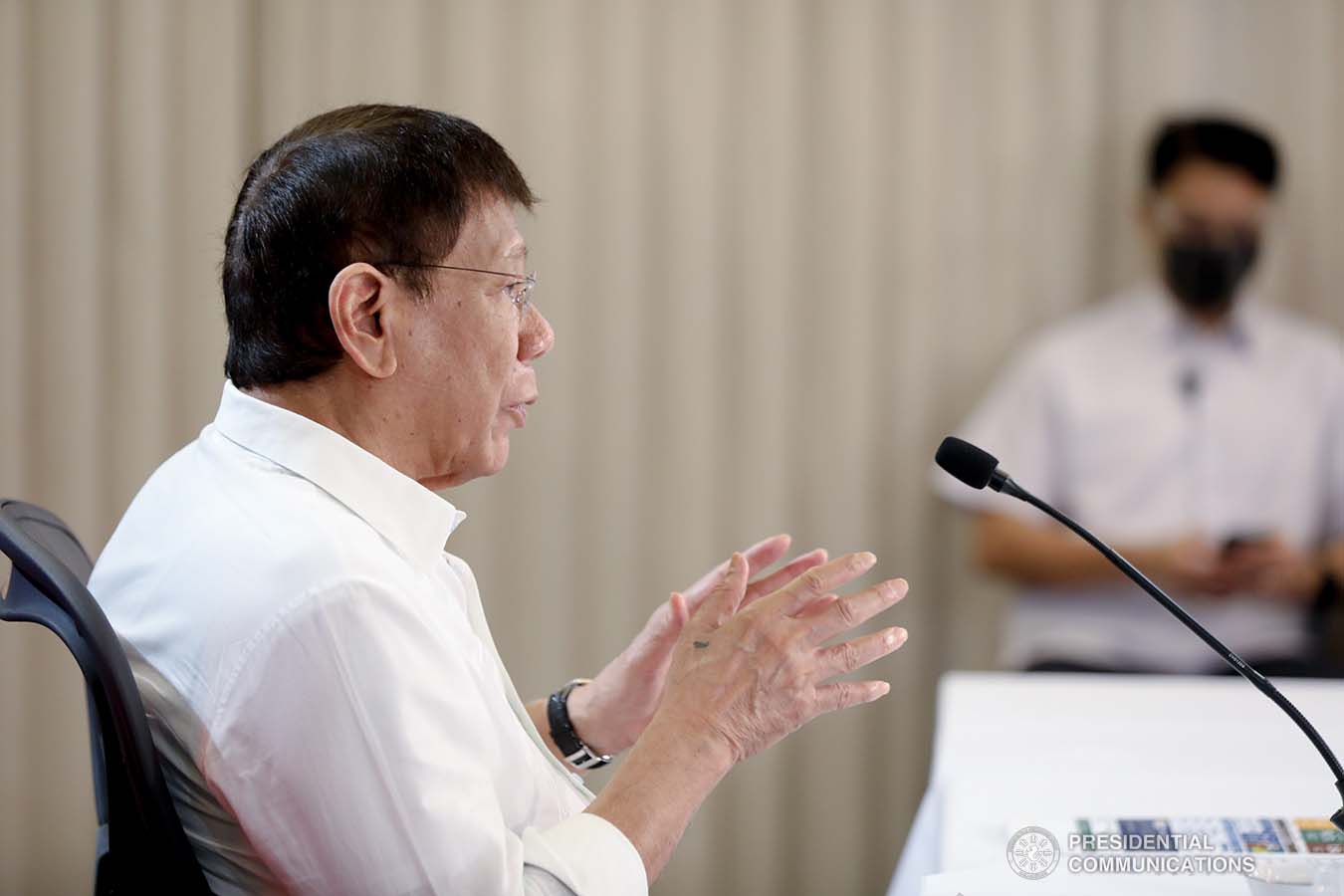 President Rodrigo Roa Duterte talks to the people after holding a meeting with the Inter-Agency Task Force on the Emerging Infectious Diseases (IATF-EID) core members at the Arcadia Active Lifestyle Center in Matina, Davao City on September 22, 2021. SIMEON CELI/ PRESIDENTIAL PHOTO