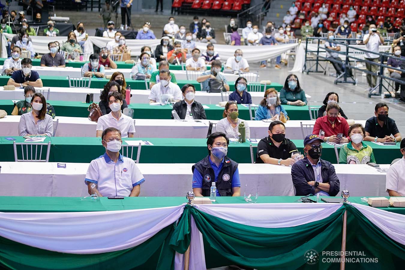 Hundreds of participants composed of officials from national and regional line agencies, local chief executives, and beneficiaries of ELCAC programs and projects attend the joint National Task Force-Regional Task Force to End Local Communist Armed Conflict IV-A meeting at the Quezon Convention Center, Lucena City, Quezon on October 21, 2021. KING RODRIGUEZ/ PRESIDENTIAL PHOTO